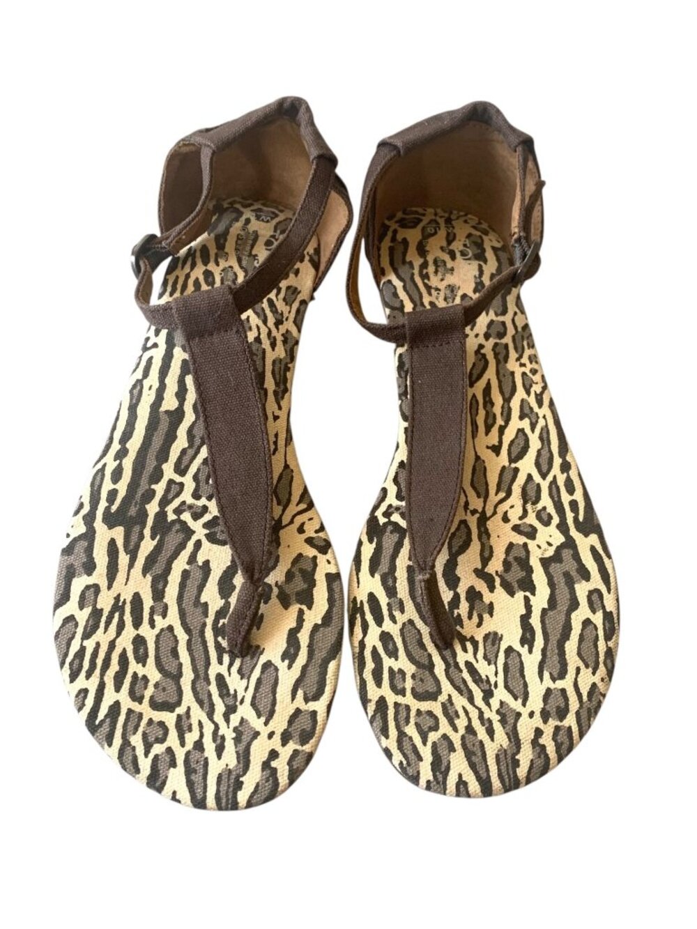 TOMS Brown Canvas Animal Print Footbed T-Strap Enclosed Ankle Sandals Size W10